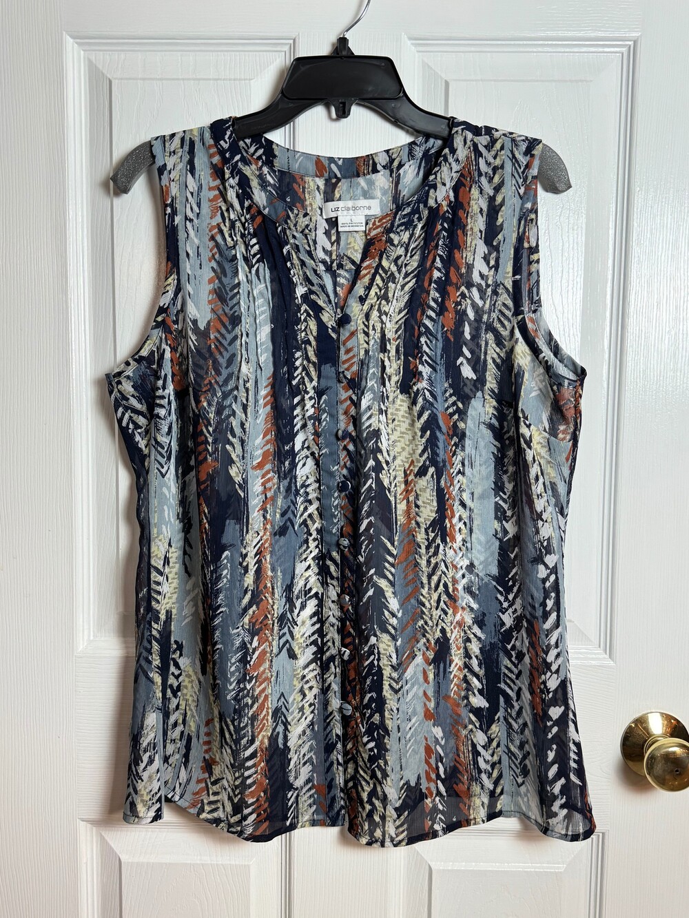 Liz Claiborne Large Sleeveless Blouse Multicolor Abstract Print Button Front
